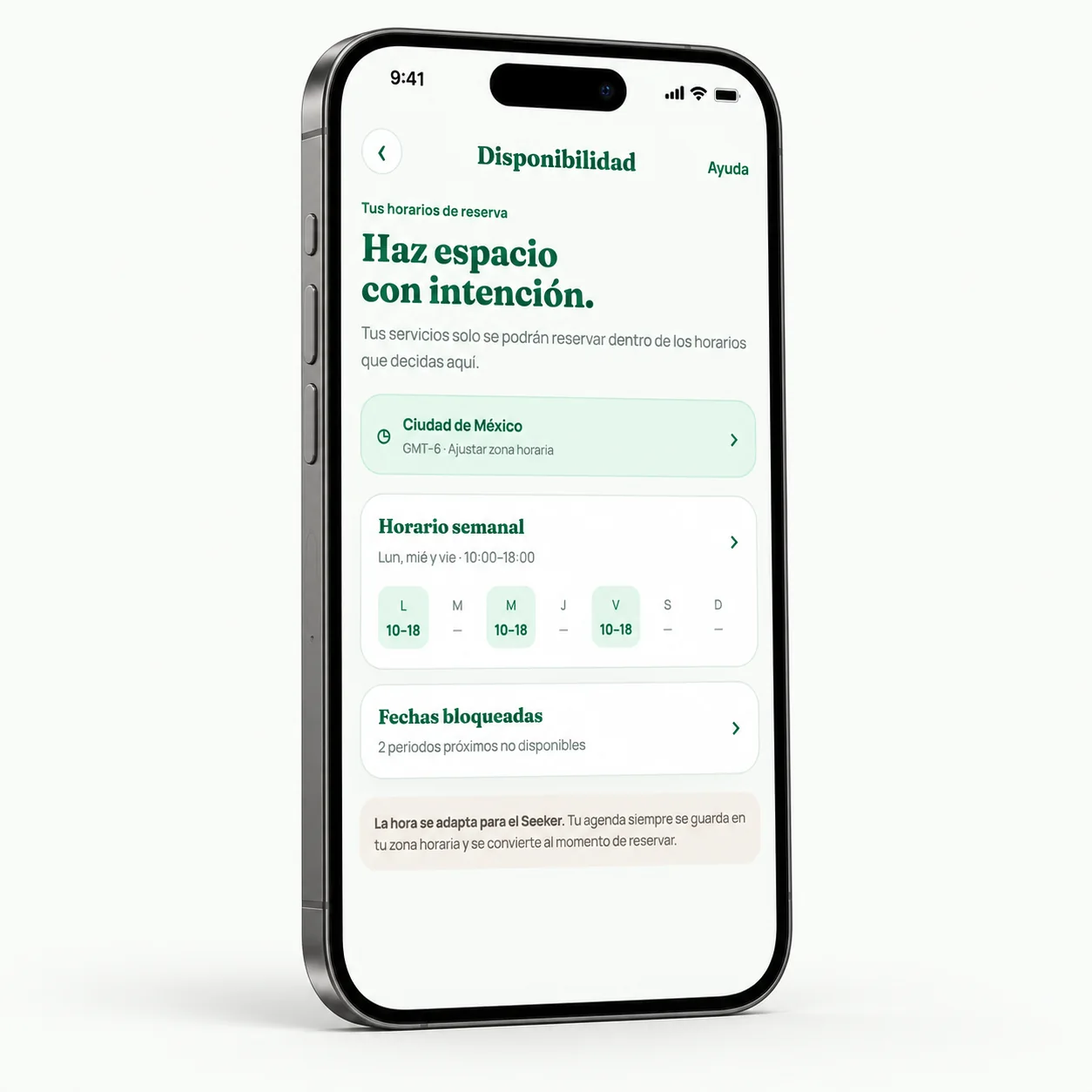 Teléfono en perspectiva 3D con horario semanal y fechas bloqueadas de ejemplo