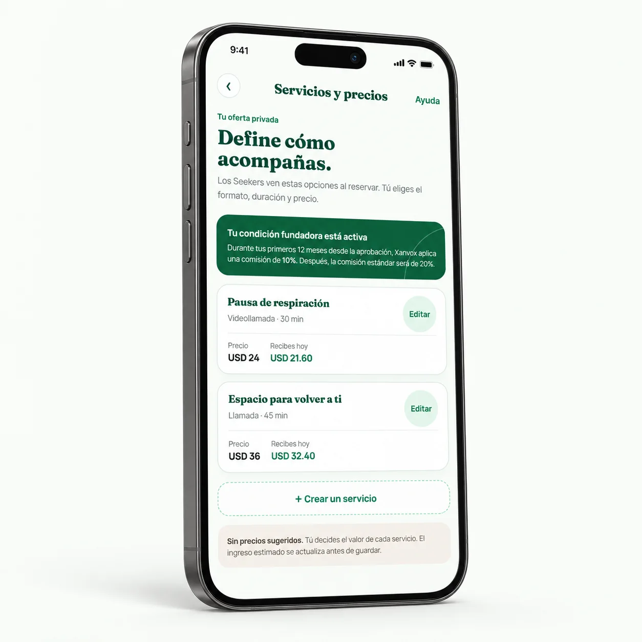 Teléfono en perspectiva 3D con servicios, duración y precios de ejemplo