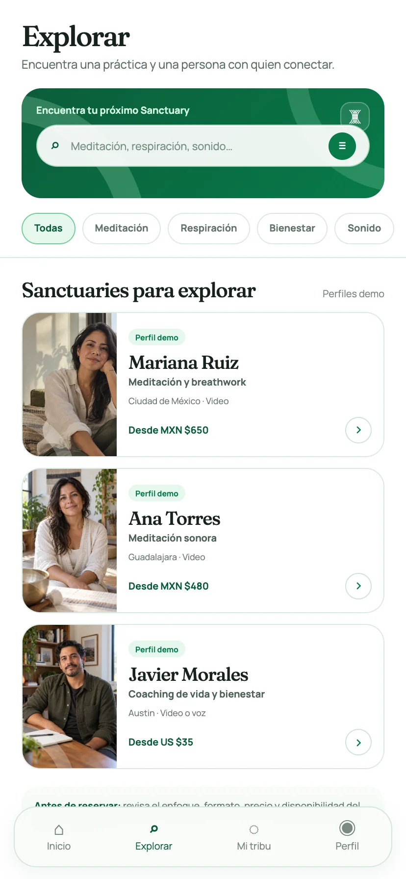 Vista de ejemplo de la sección Explorar en la aplicación Xanvox